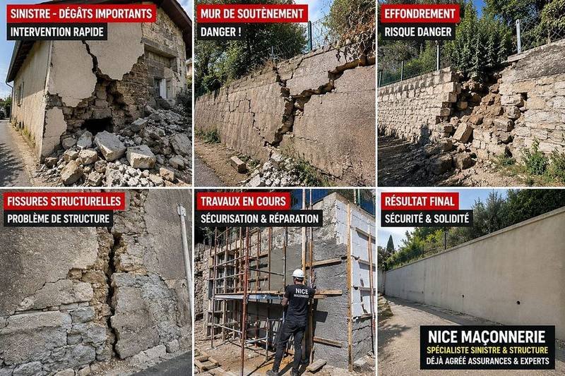 NICE MAÇONNERIE · du sinistre au résultat final : fissures, effondrement, sécurisation, réparation